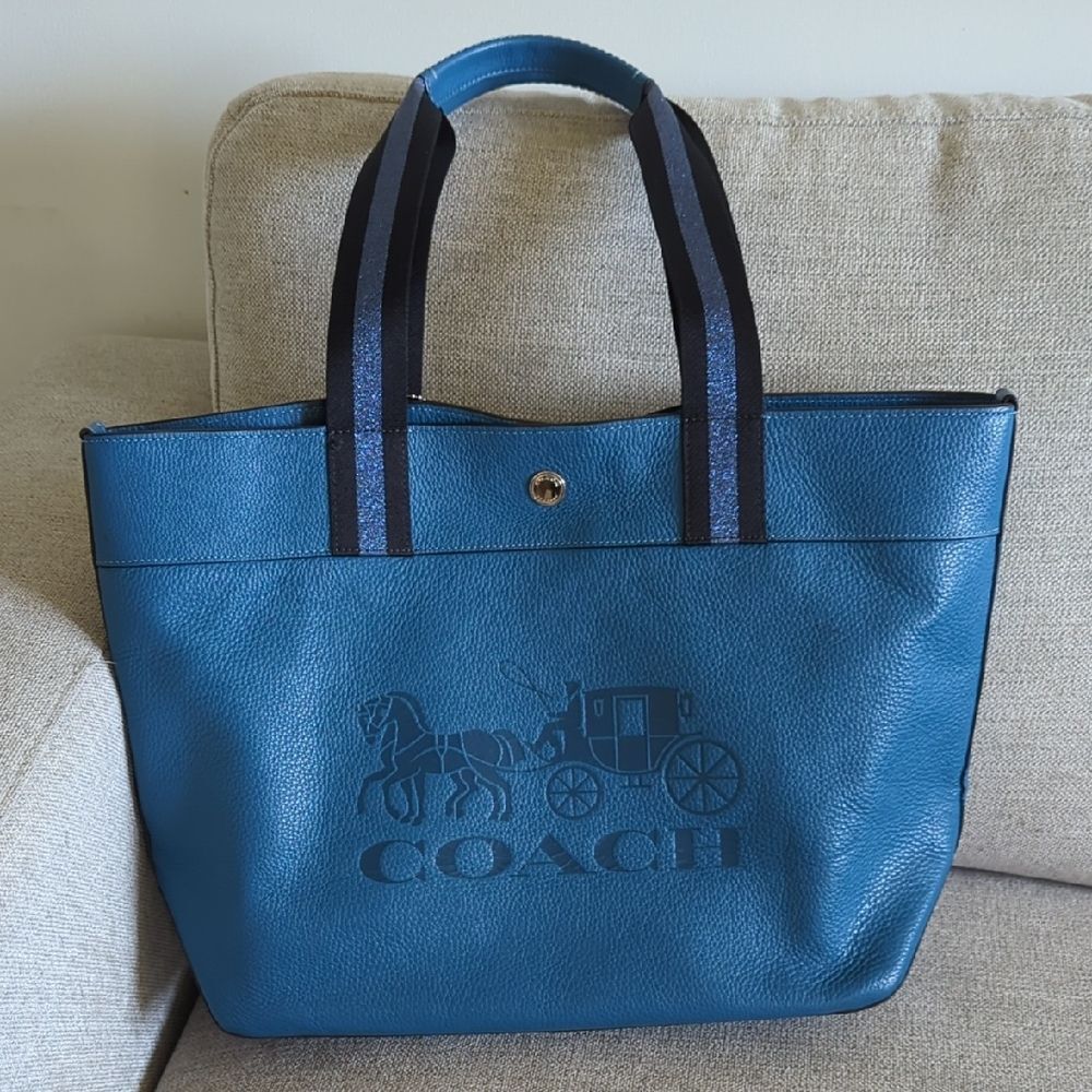 Coach Teal/Blue Pebble Leather Tote with Striped Handles